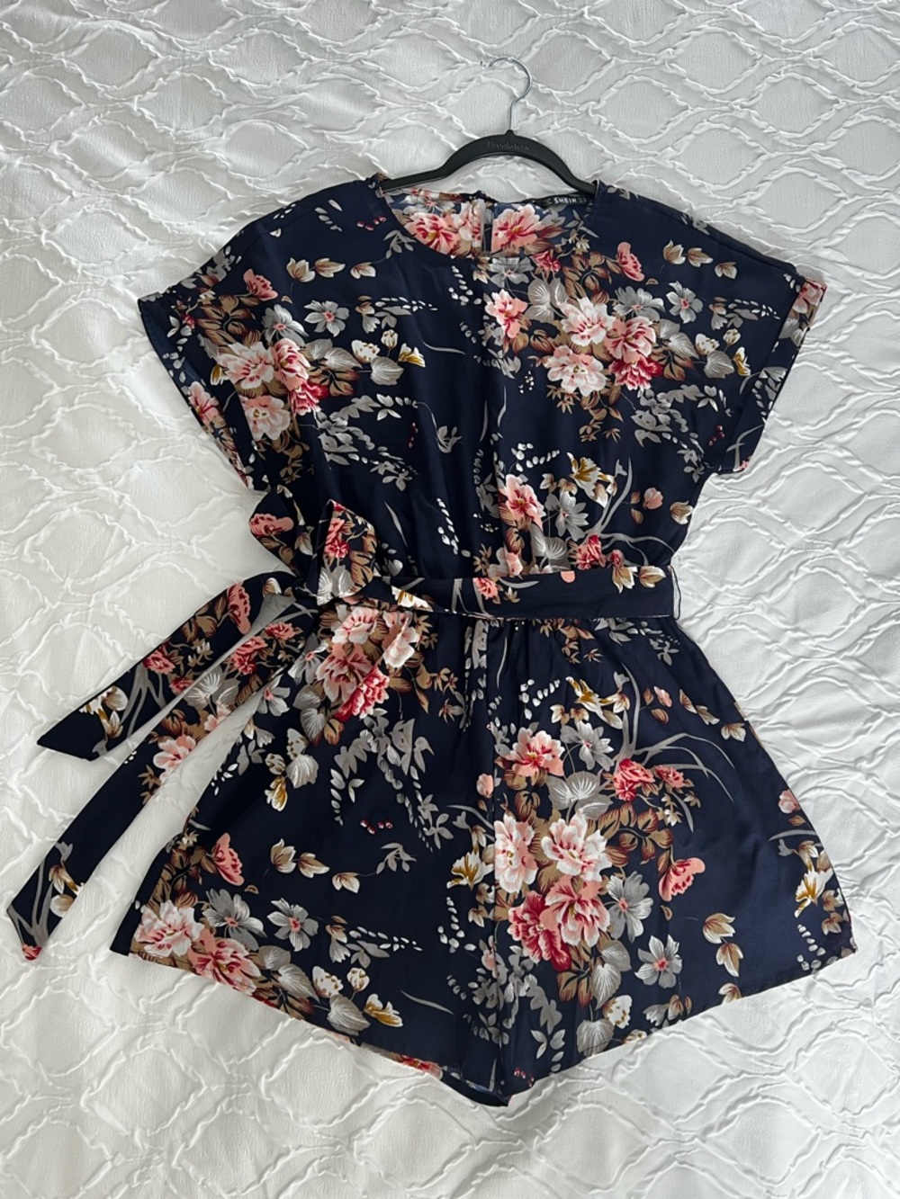 SHEIN navy blue floral romper, medium